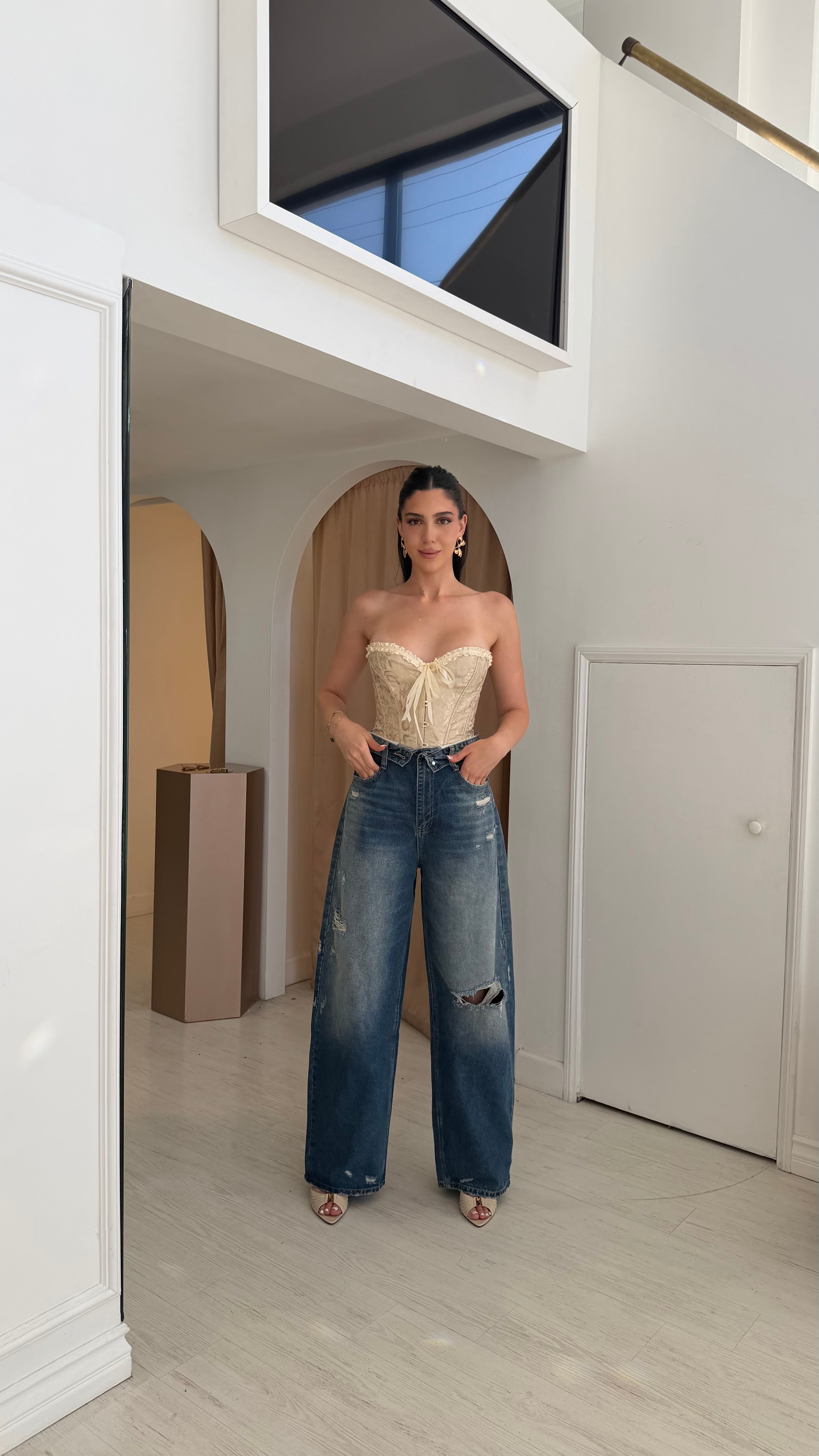 “Sahara” distressed wide leg jeans