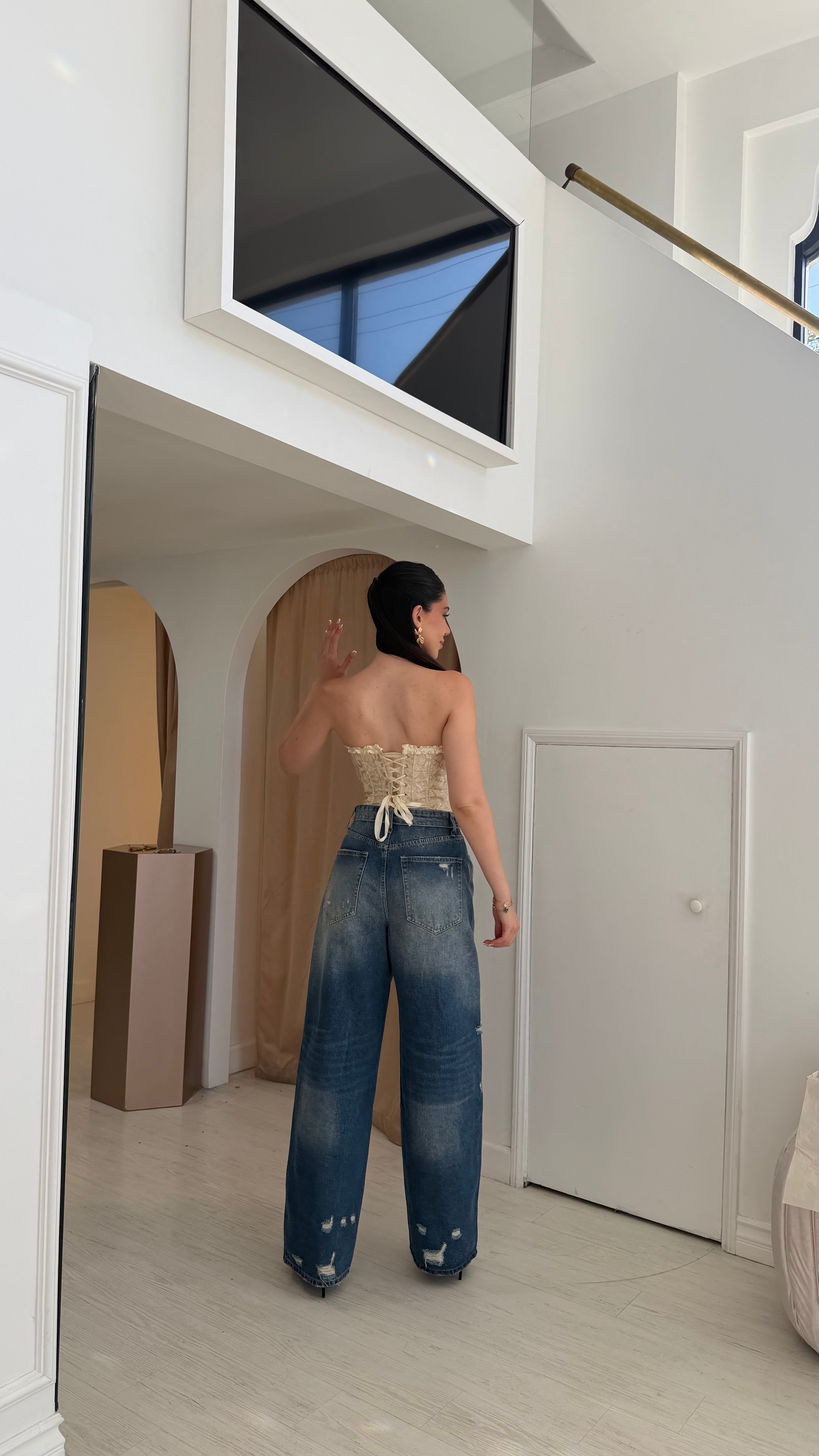 “Sahara” distressed wide leg jeans