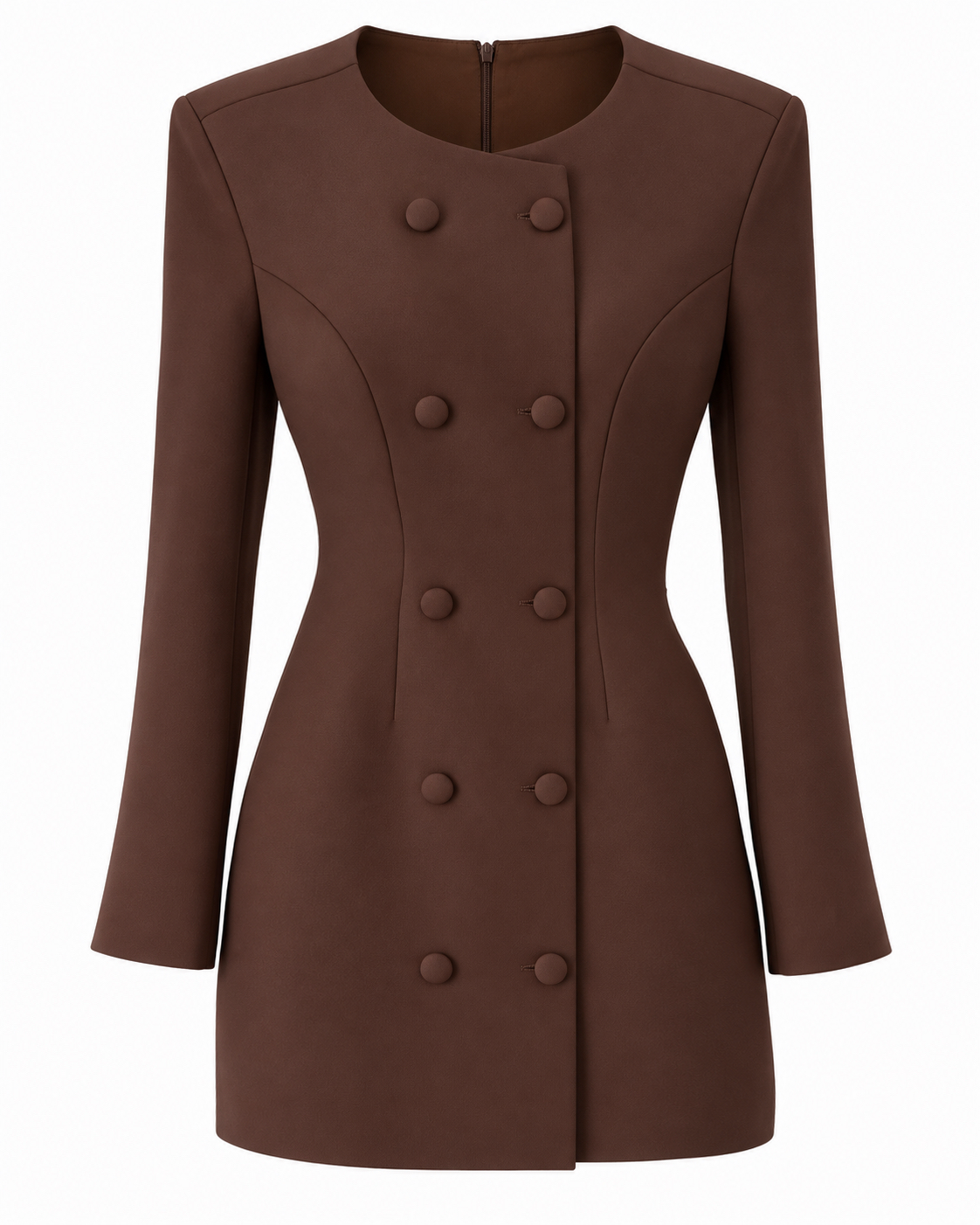 “Donna” structured long-sleeve A-line mini dress in brown