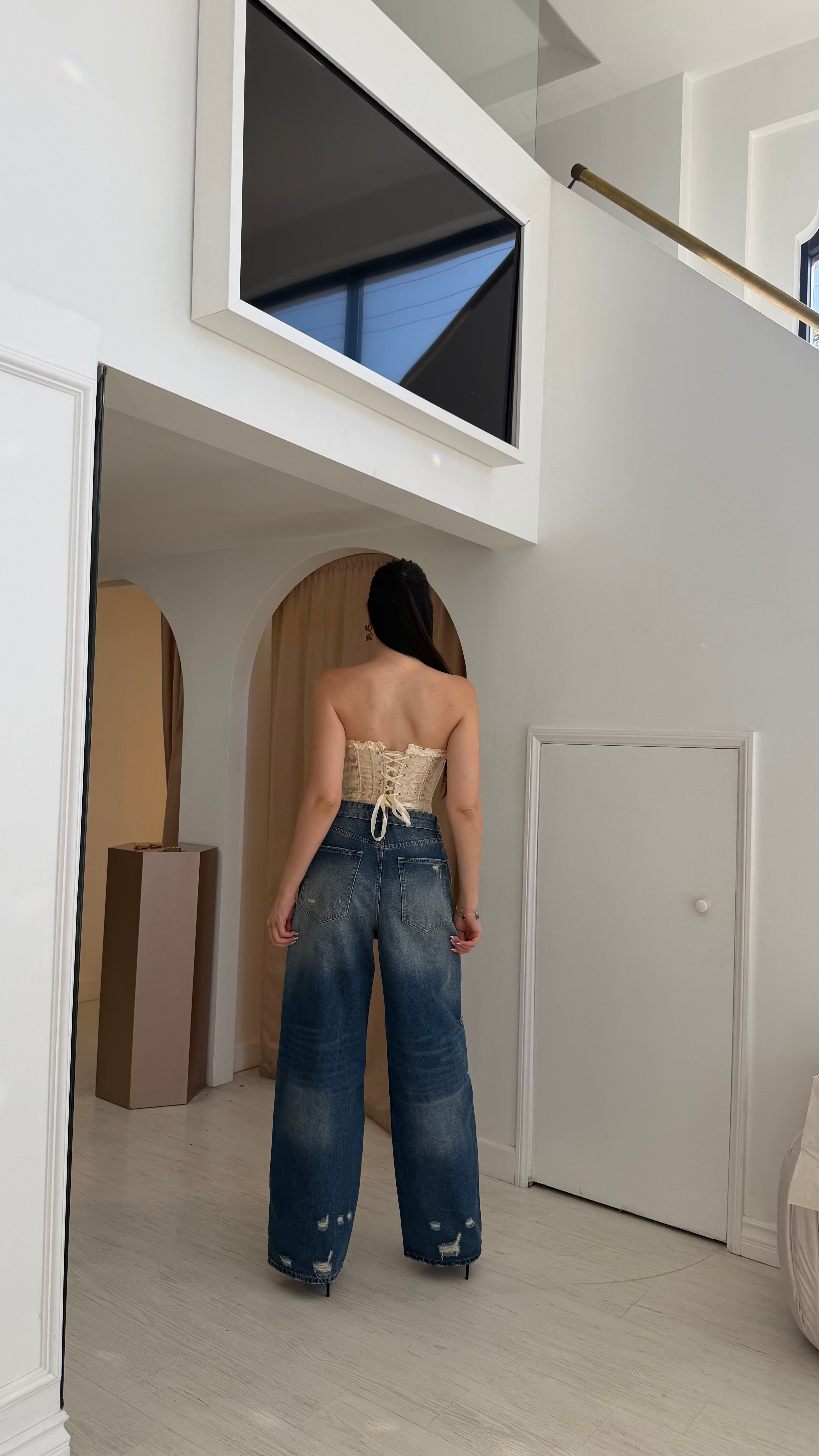 “Sahara” distressed wide leg jeans