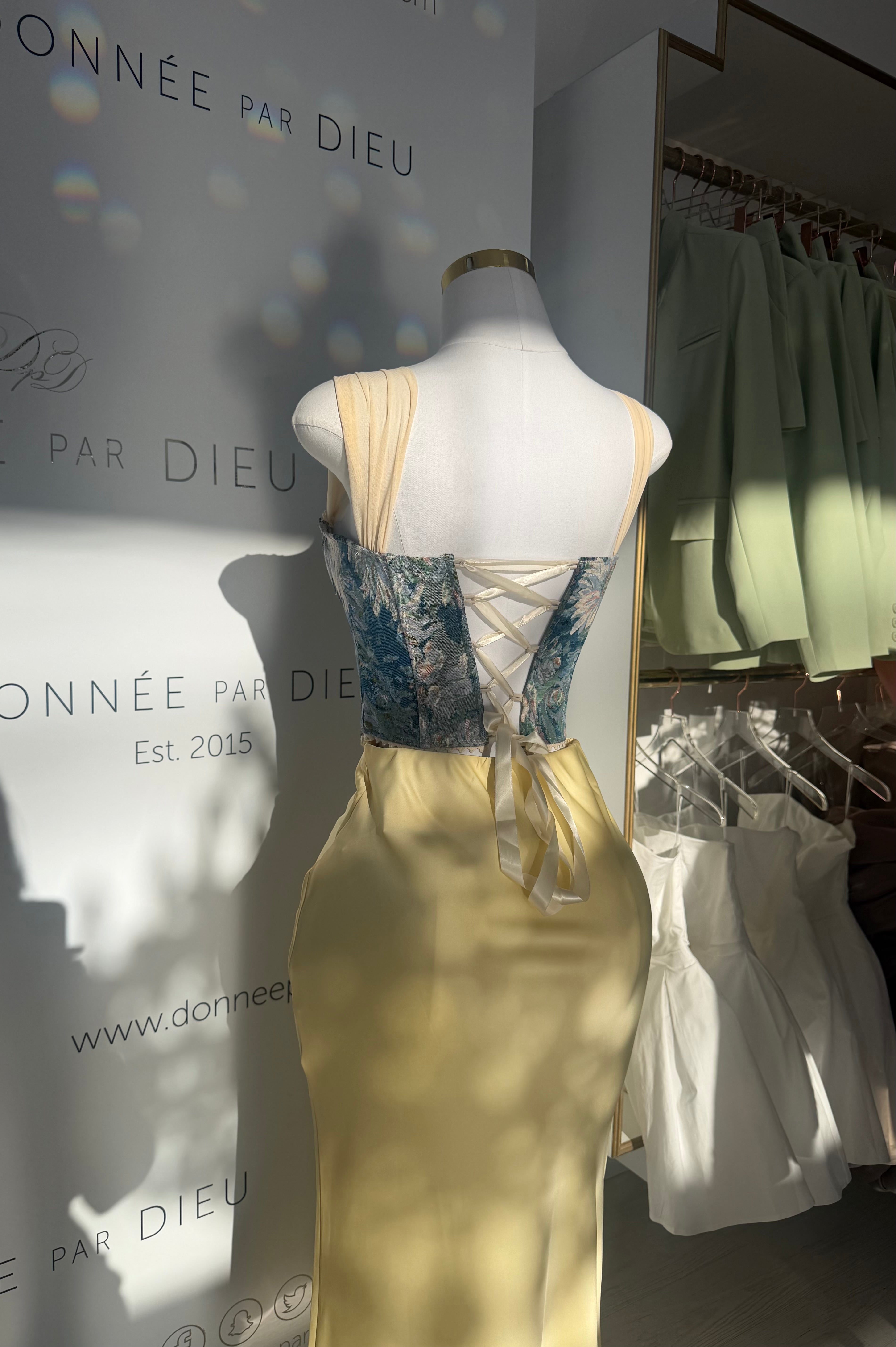 “Yana” satin skirt in yellow