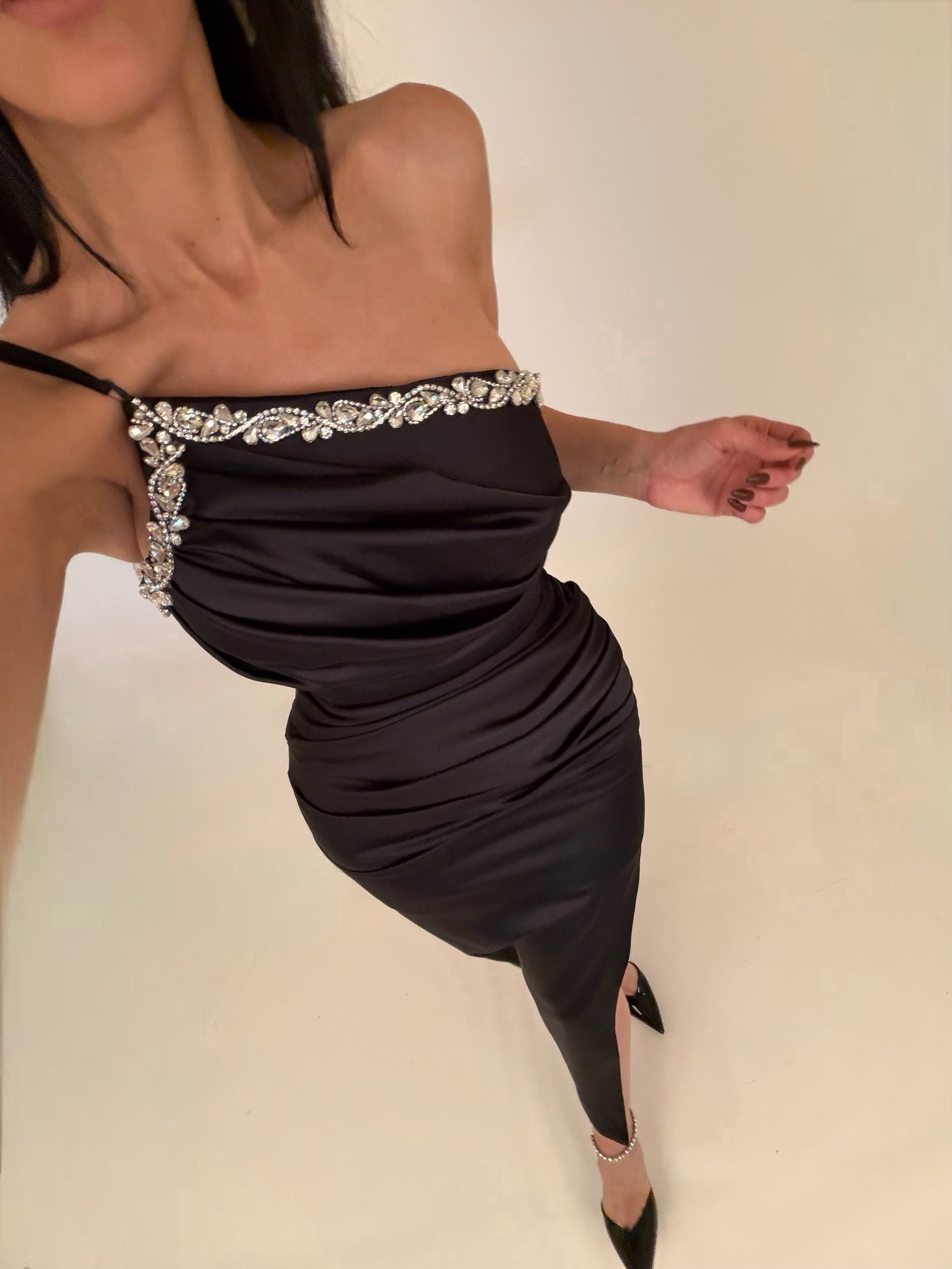 “Wels Satin Asymmetrical Dress with Crystal Details Xs