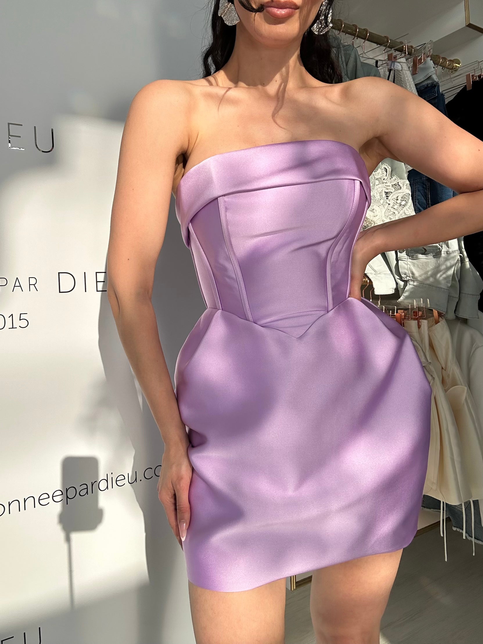 “Siri” satin dress in lavender