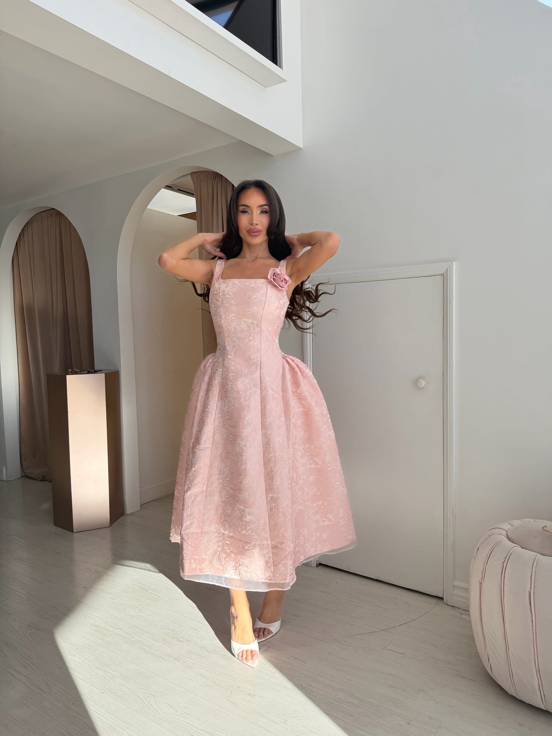 “Rose Reverie” fit-and-flare structured dress