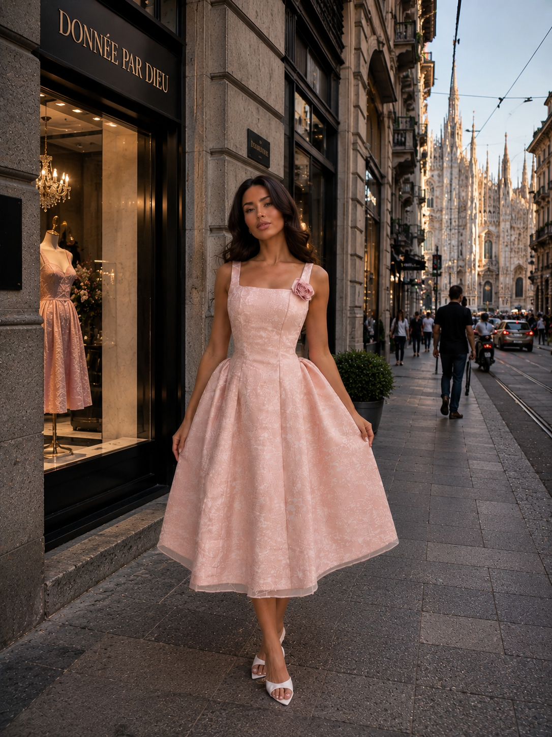 “Rose Reverie” fit-and-flare structured dress
