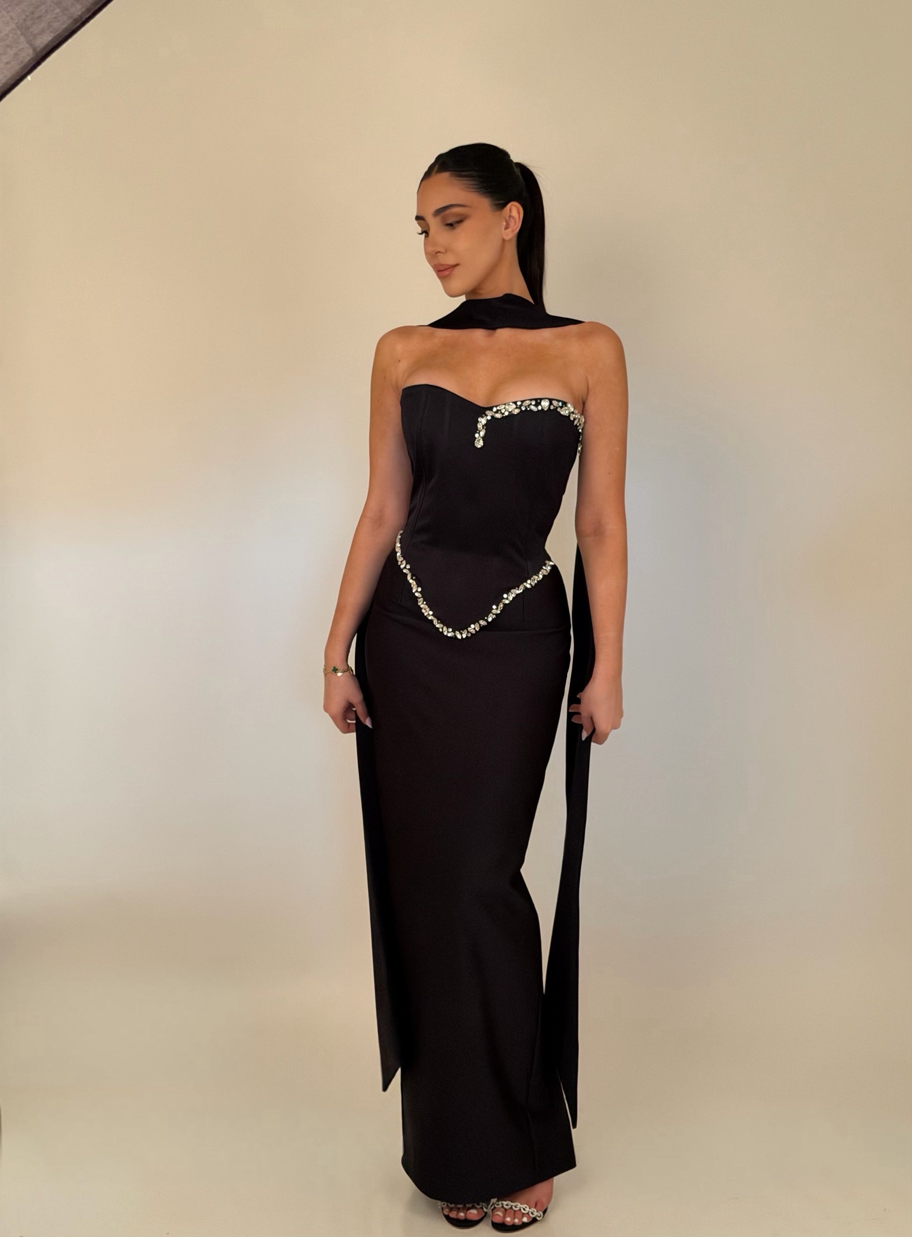 “Serene” satin corset and skirt set