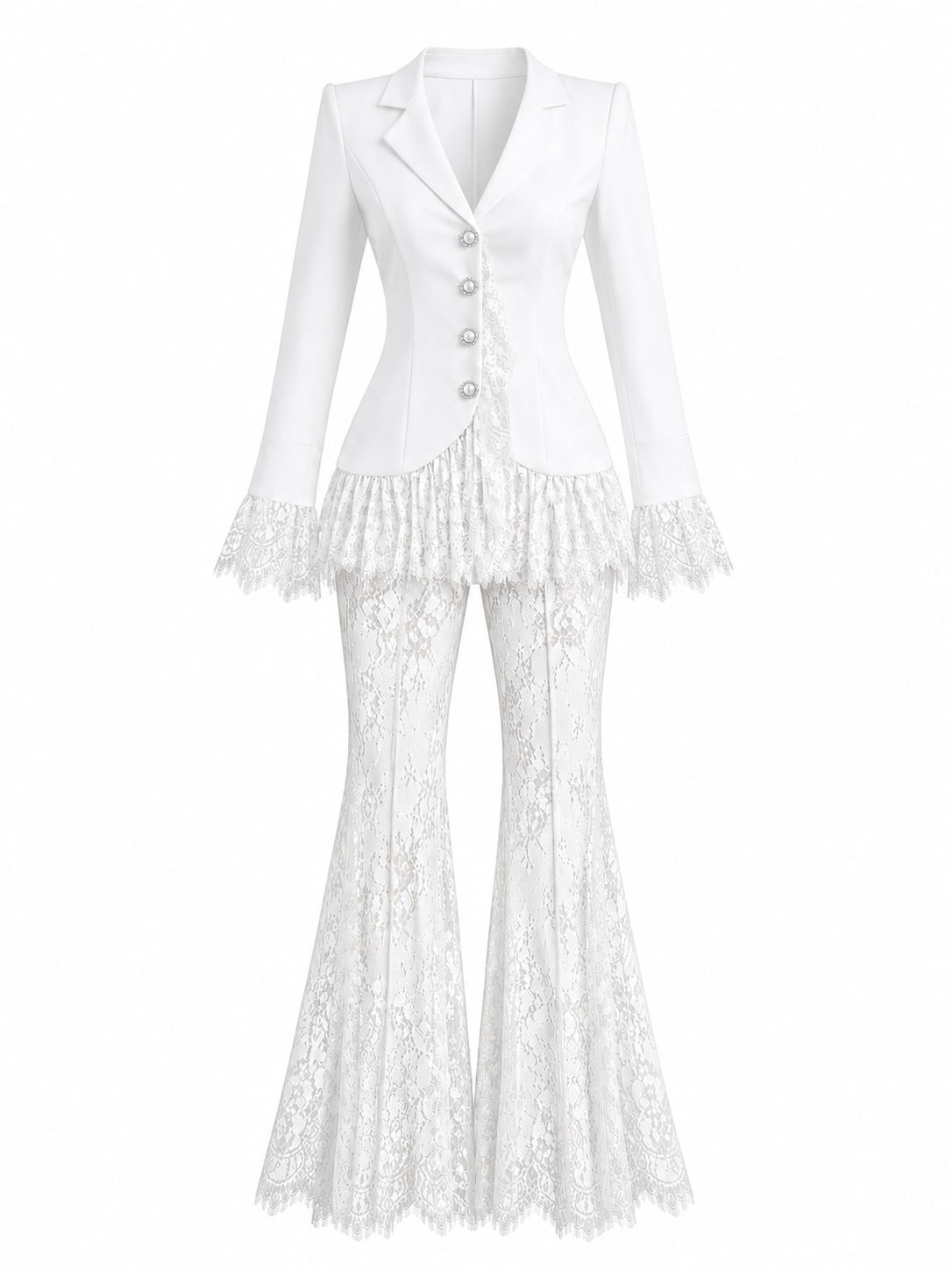 “Aria” blazer and lace pants set in white
