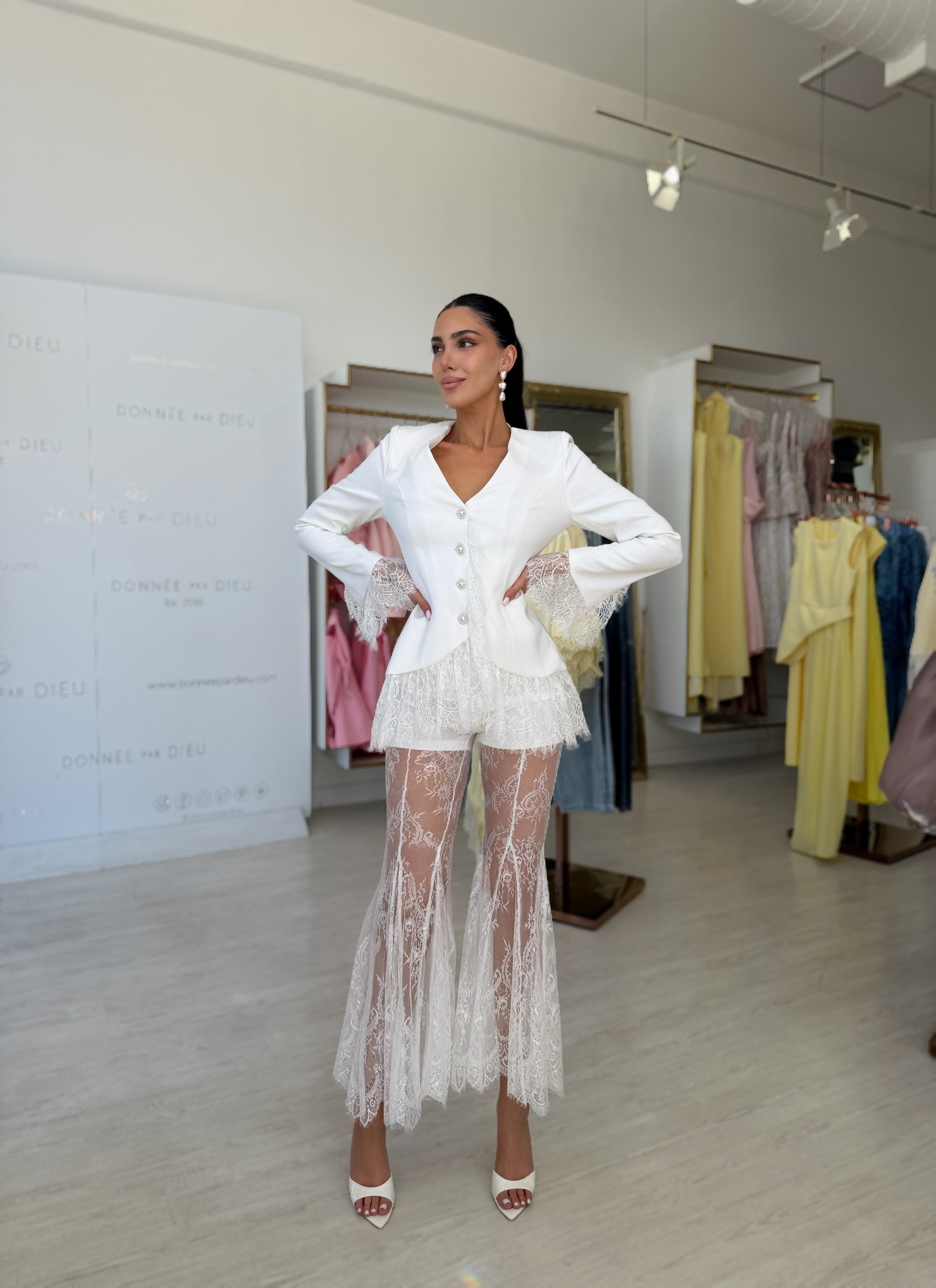“Aria” blazer and lace pants set in white