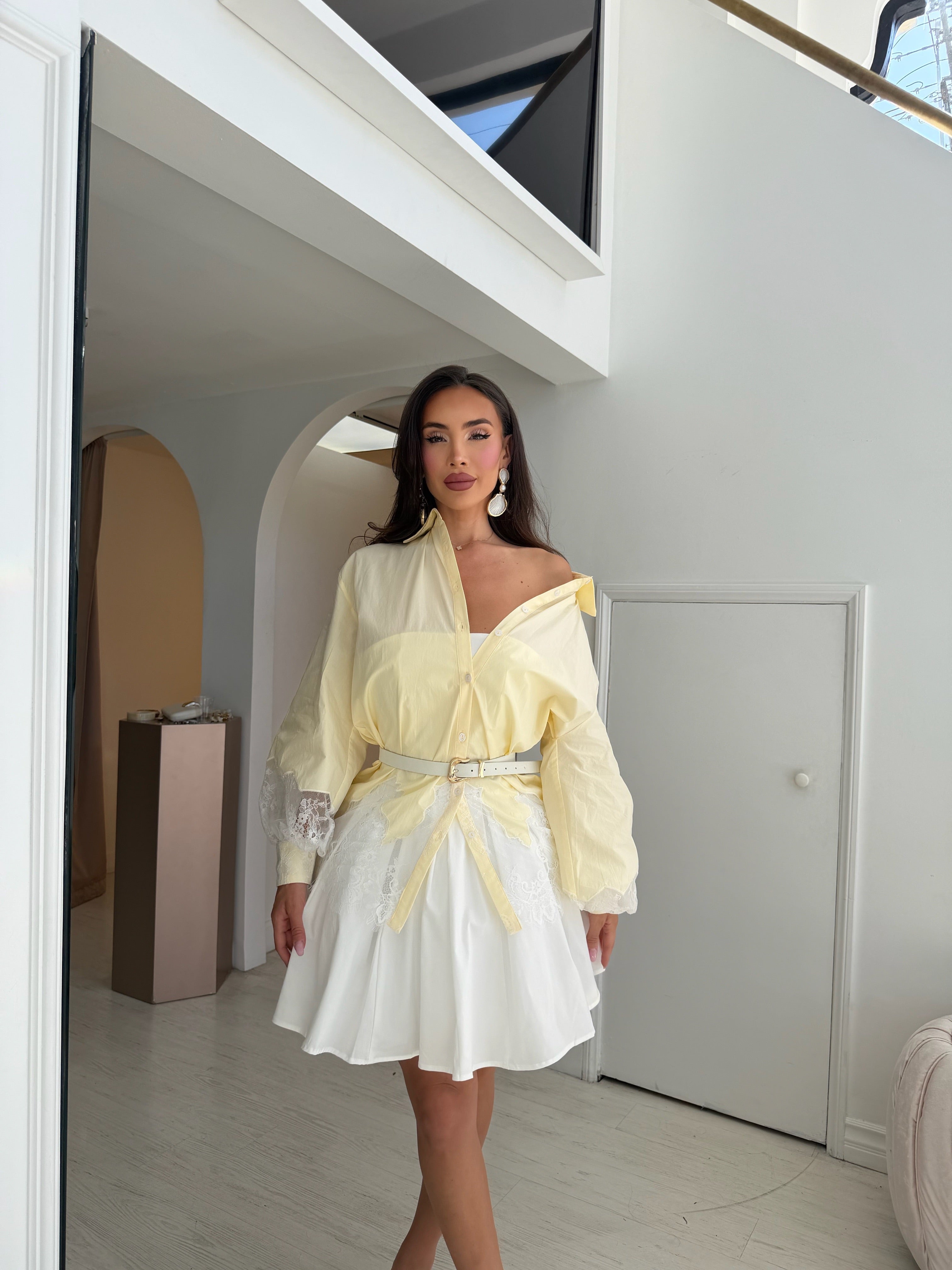 “Warsaw” lace armed yellow button up shirt