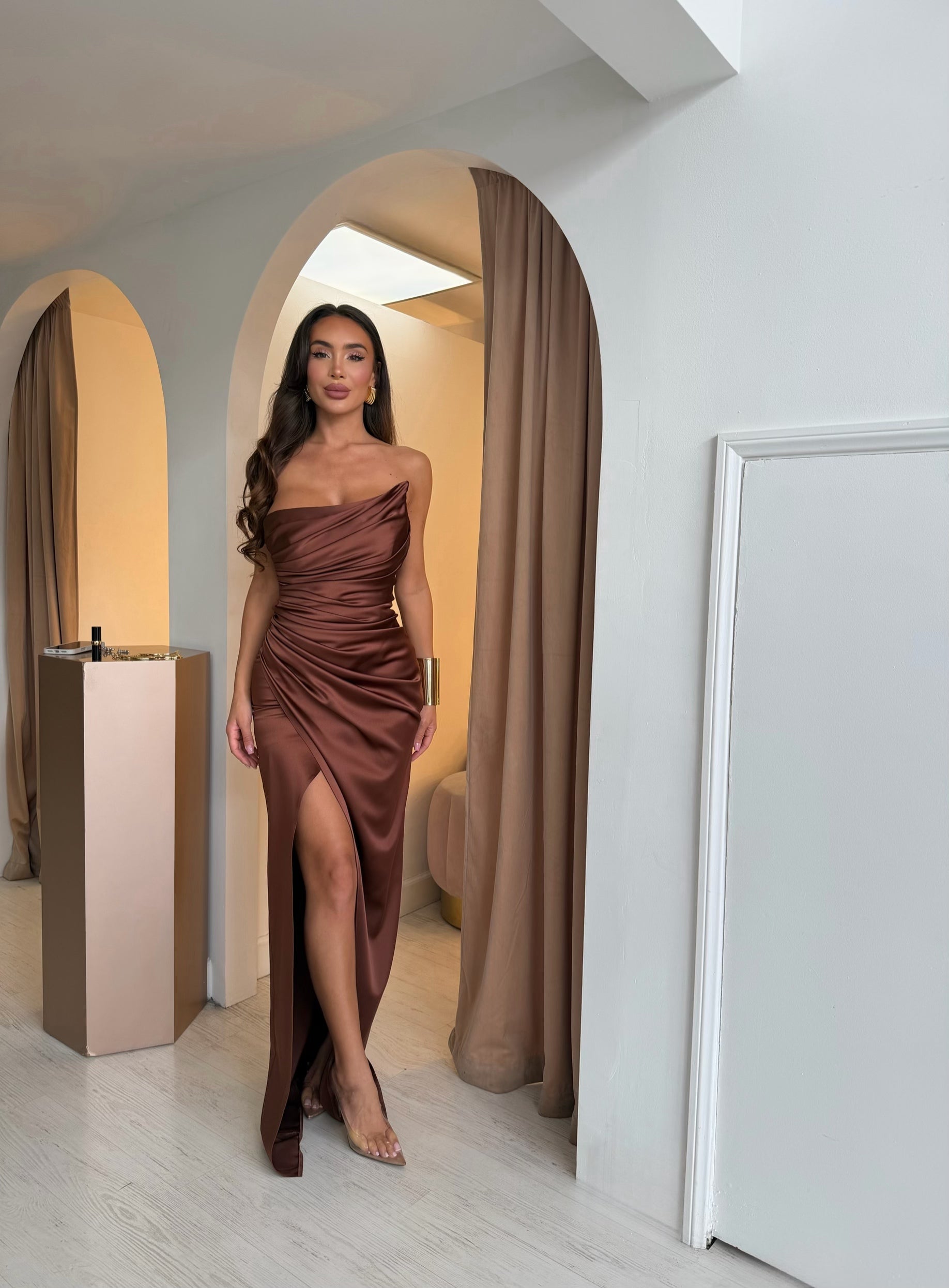 “Maisa” asymmetrical draped column dress