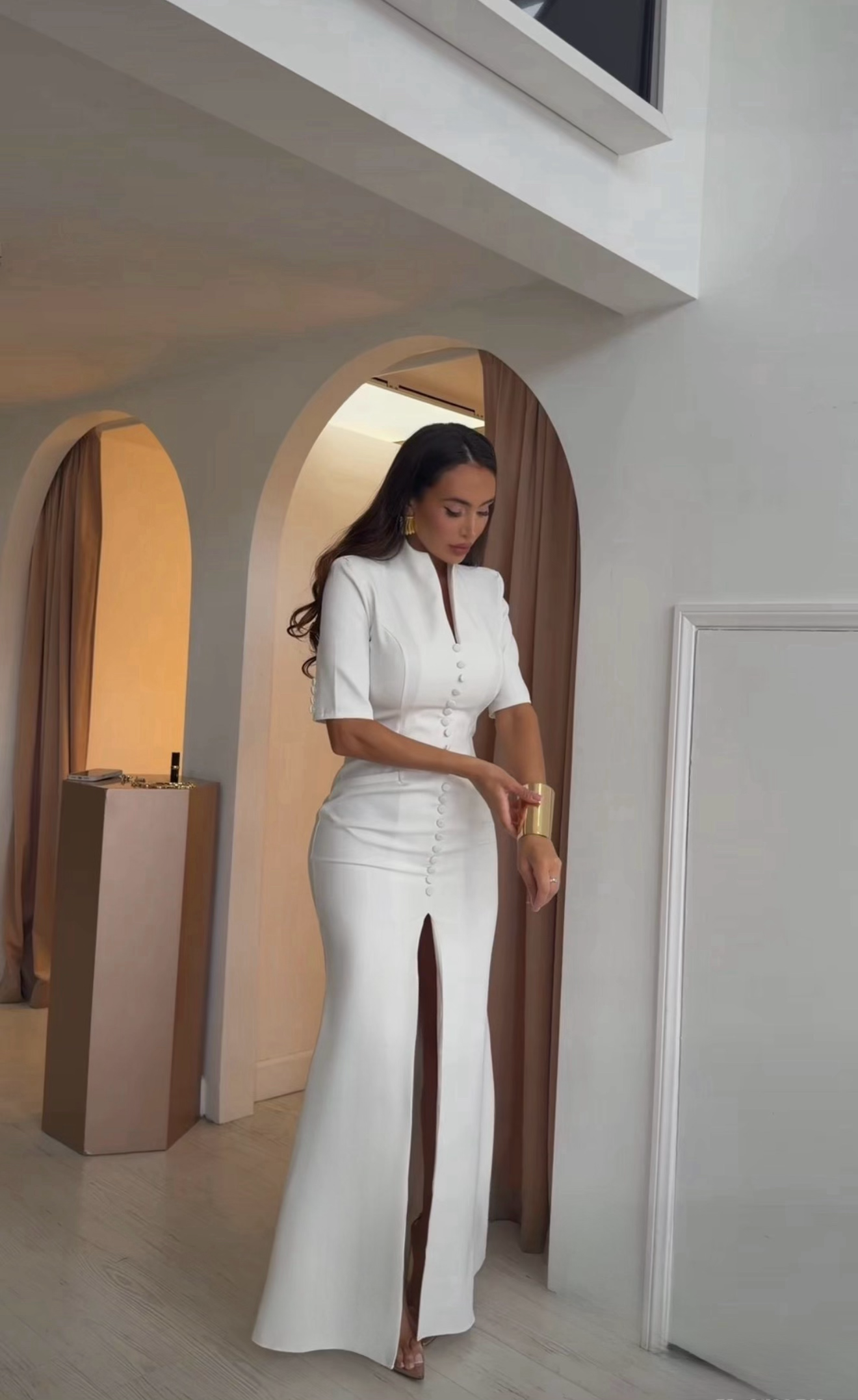 “Aria” structured short-sleeve A-line mini dress