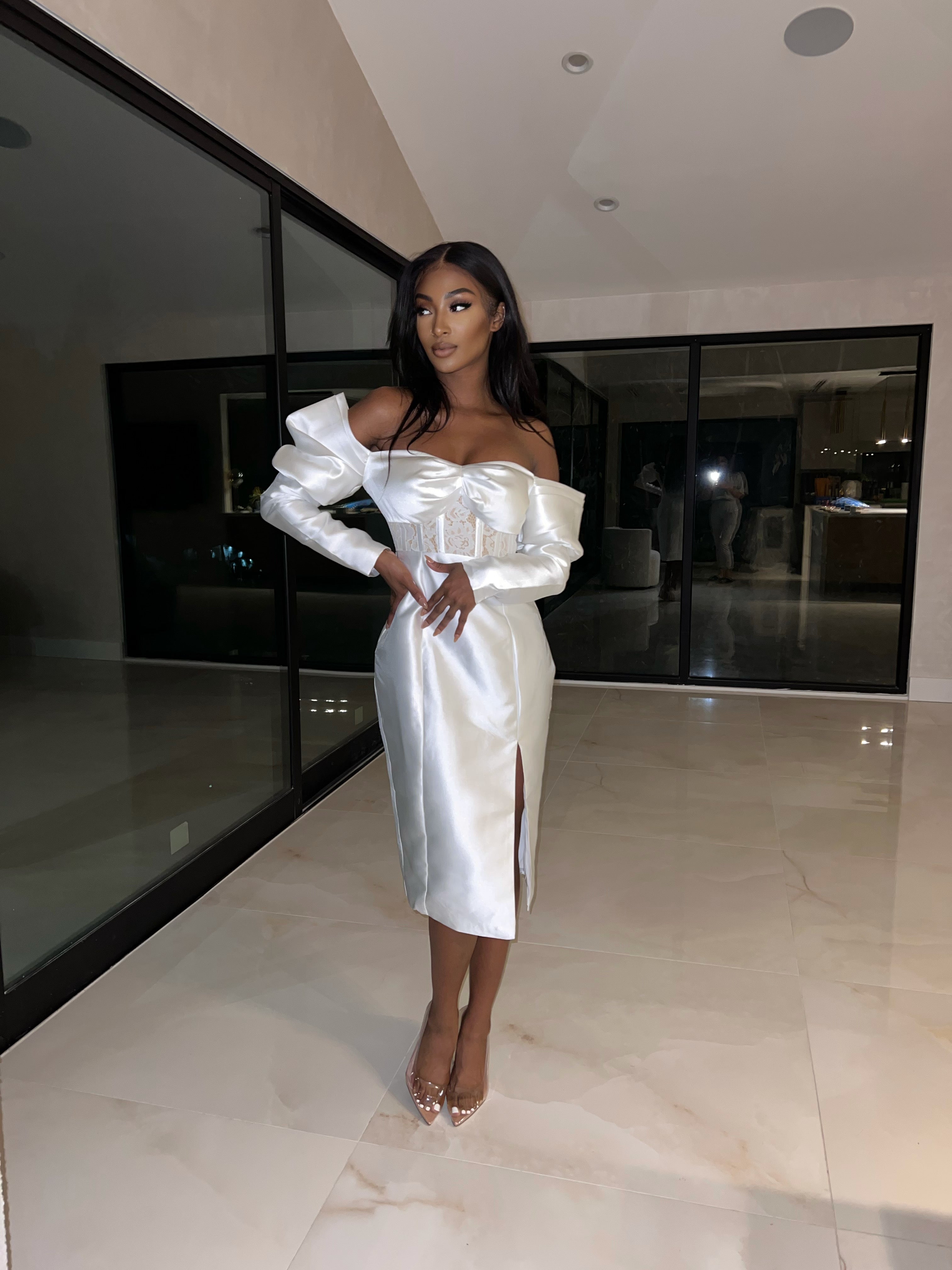 ‘LEYLA’ Lace detailed off-shoulder dress