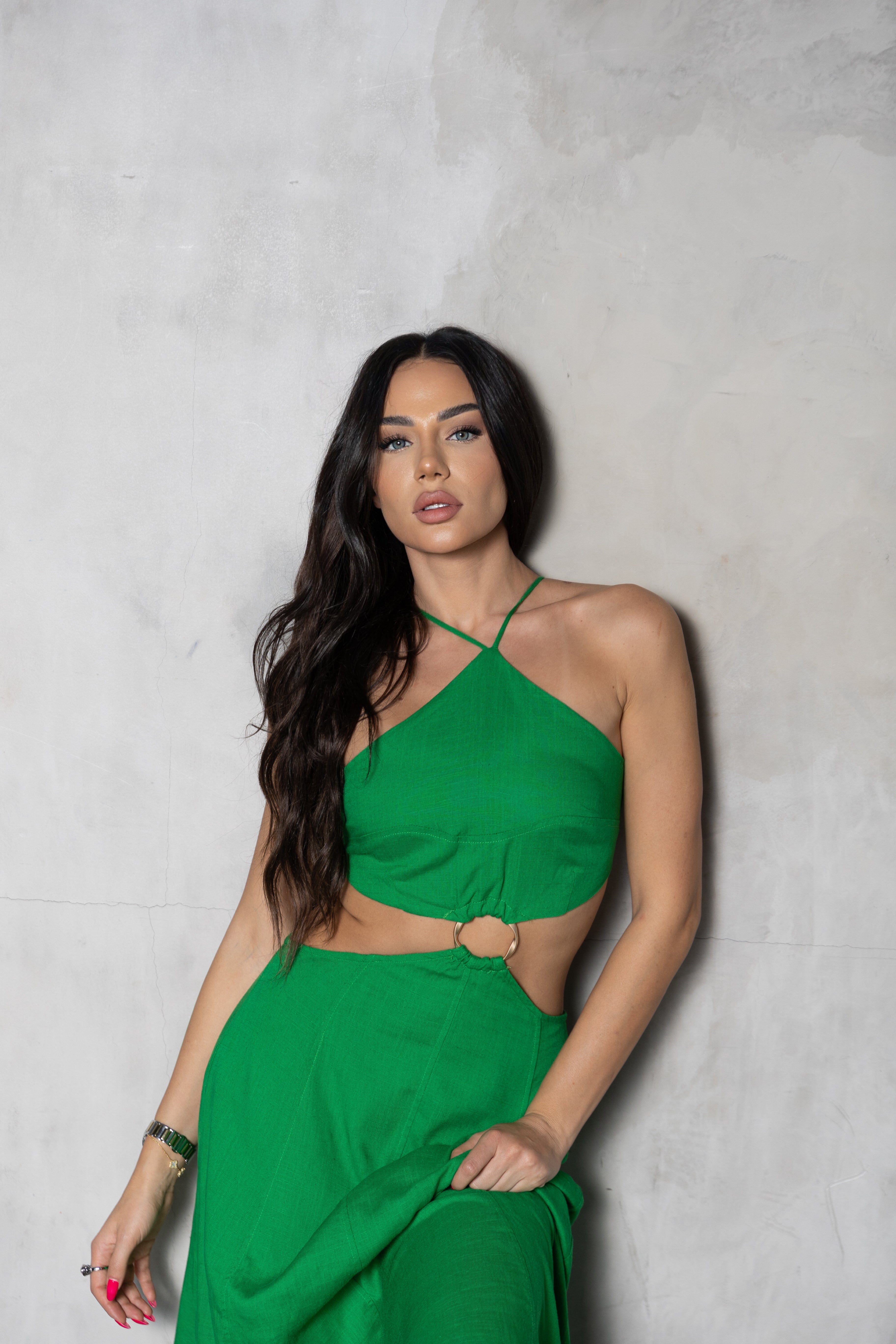 ‘Summer Nights' Linen Cutout Dress in green