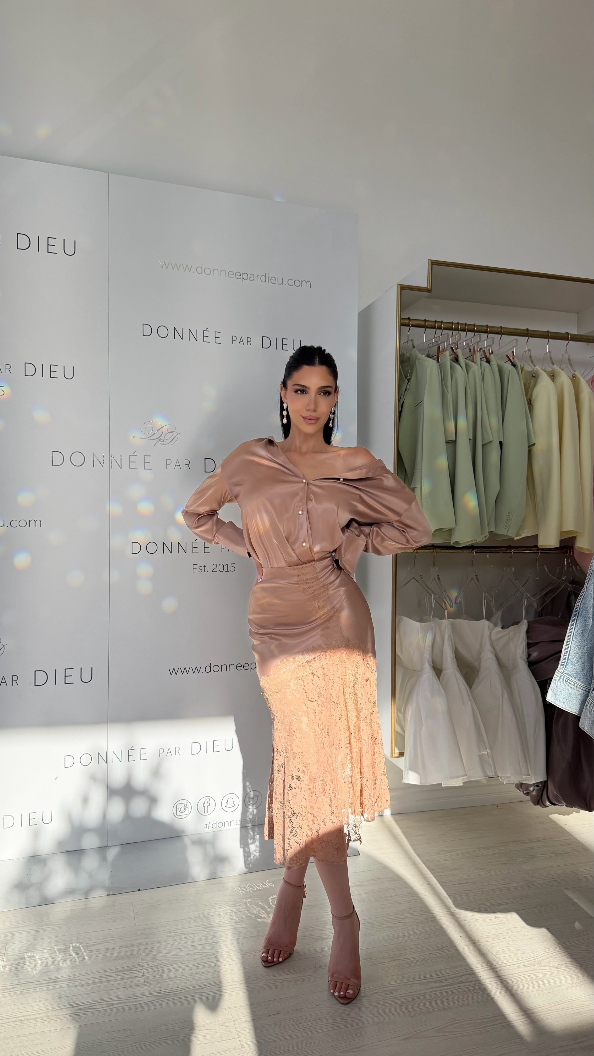 “Elysian” two piece satin set in nude