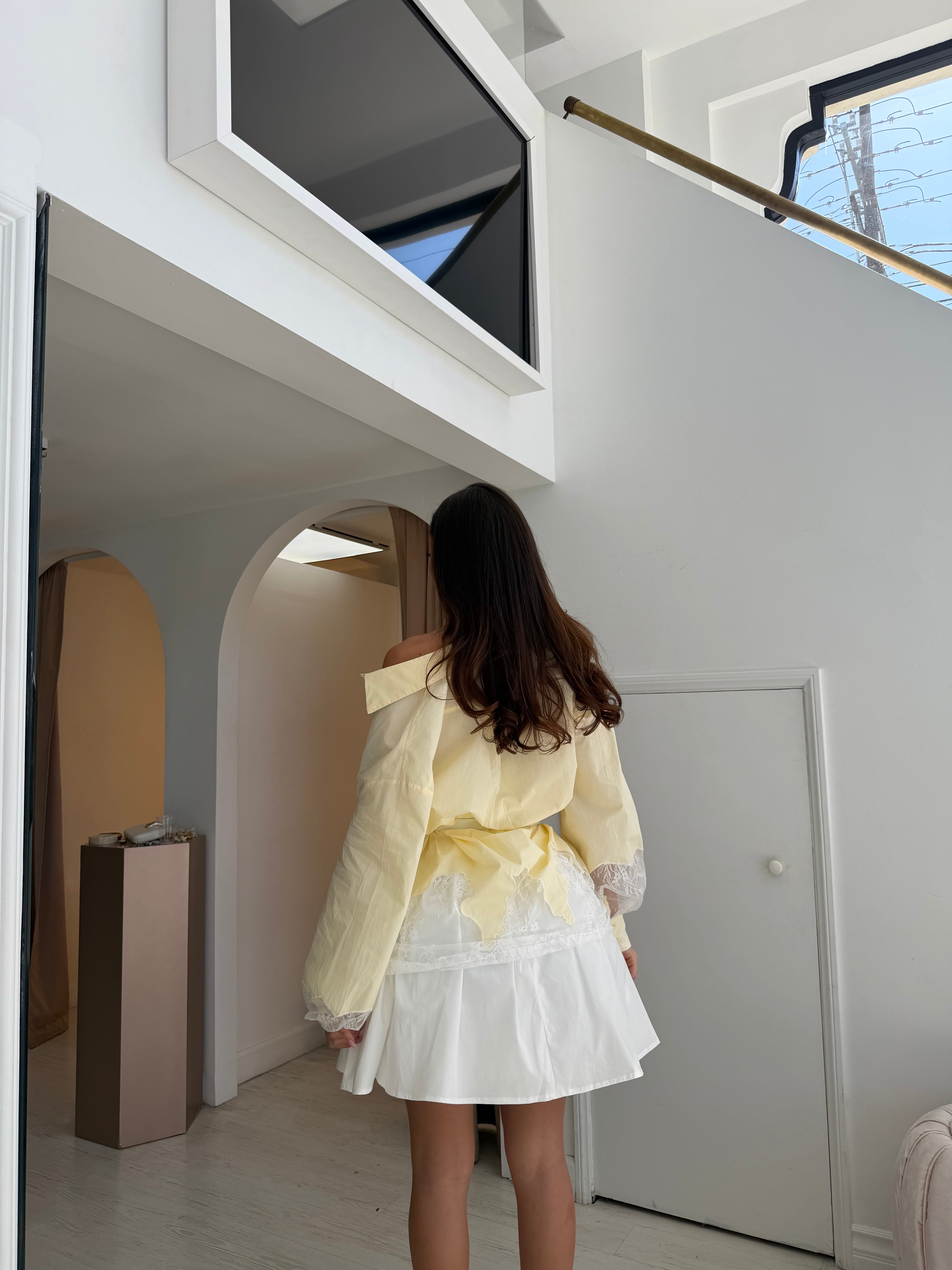 “Warsaw” lace armed yellow button up shirt