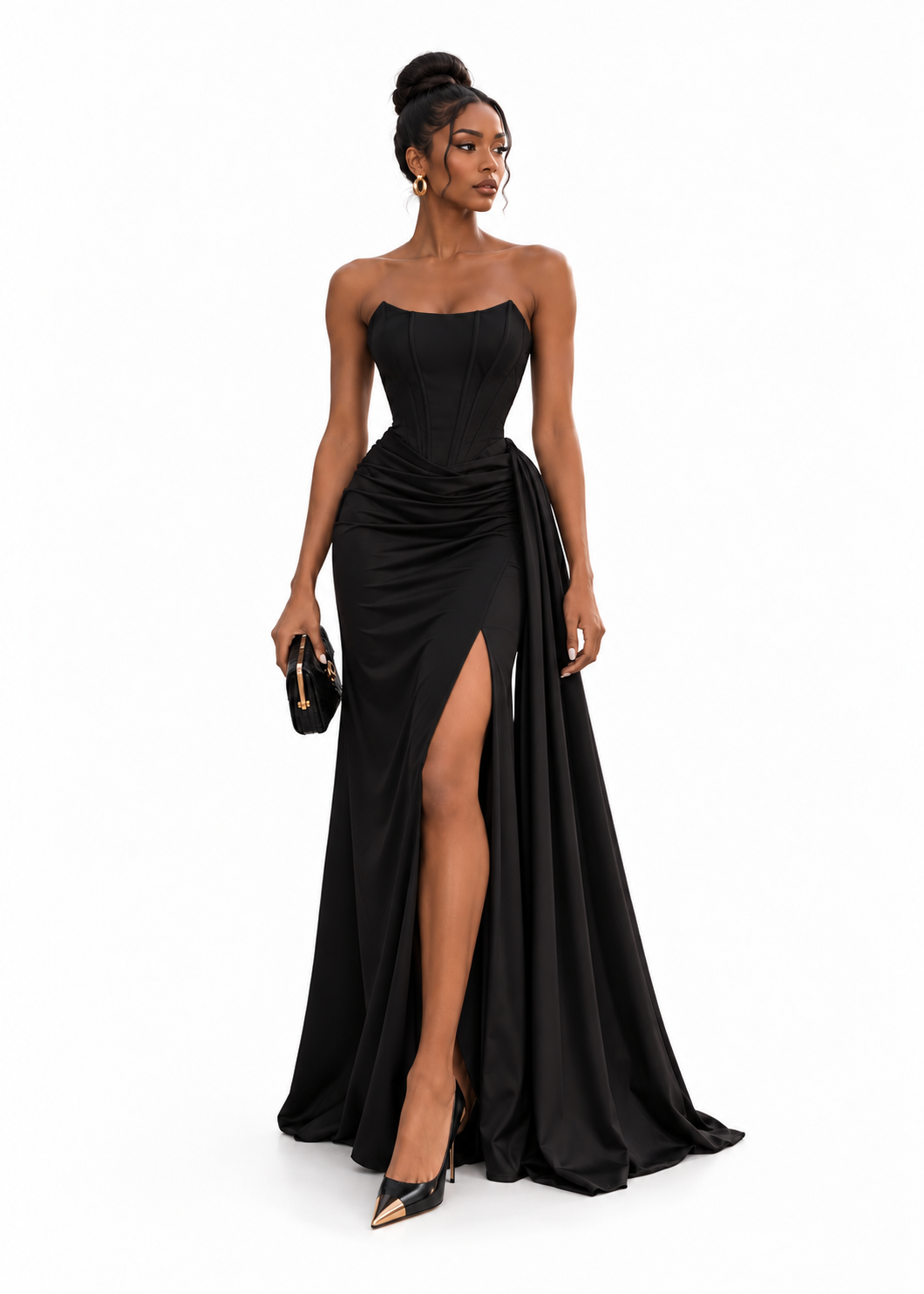 “Noa” satin corset gown in black