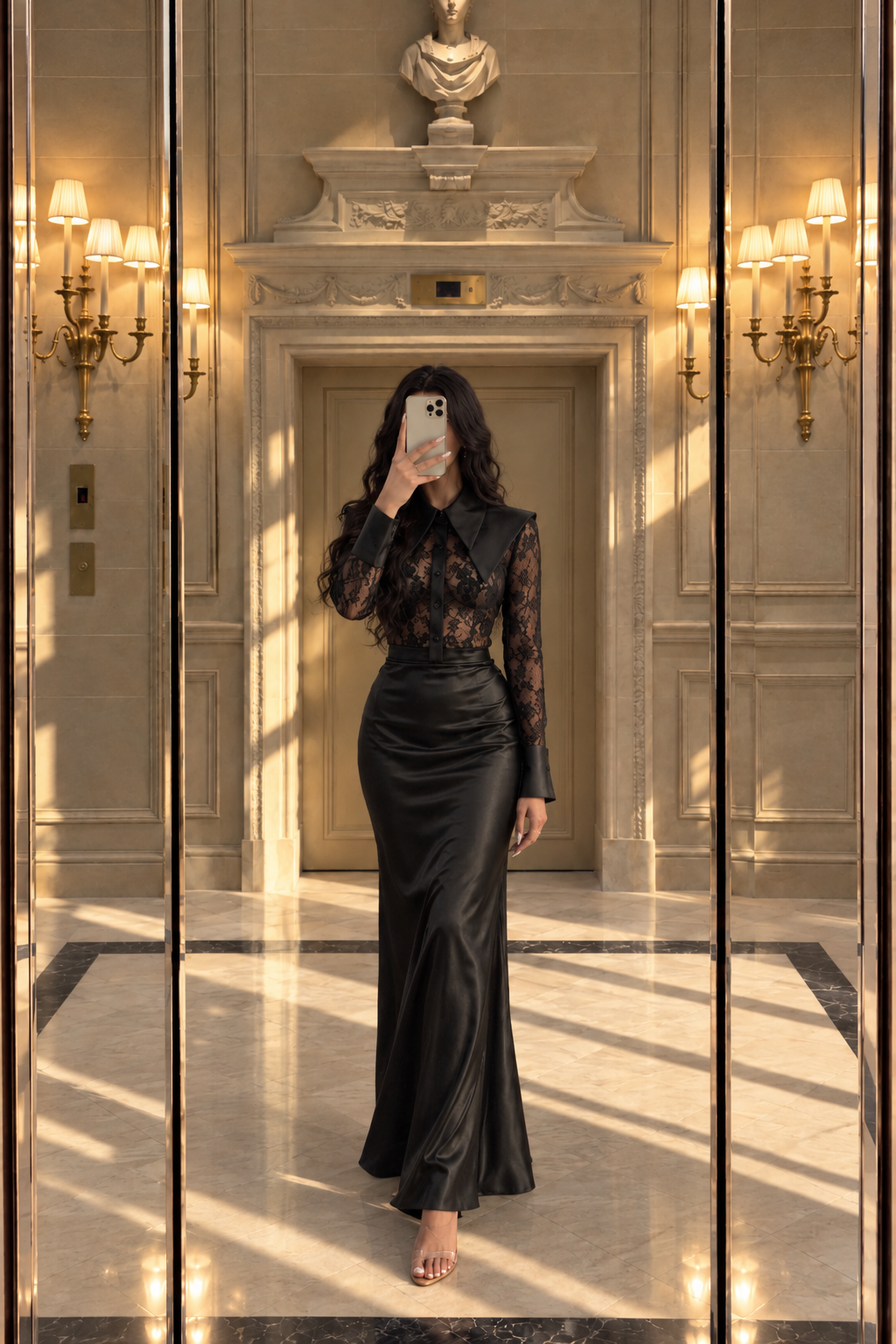 “Allure” statement collar sheer lace top