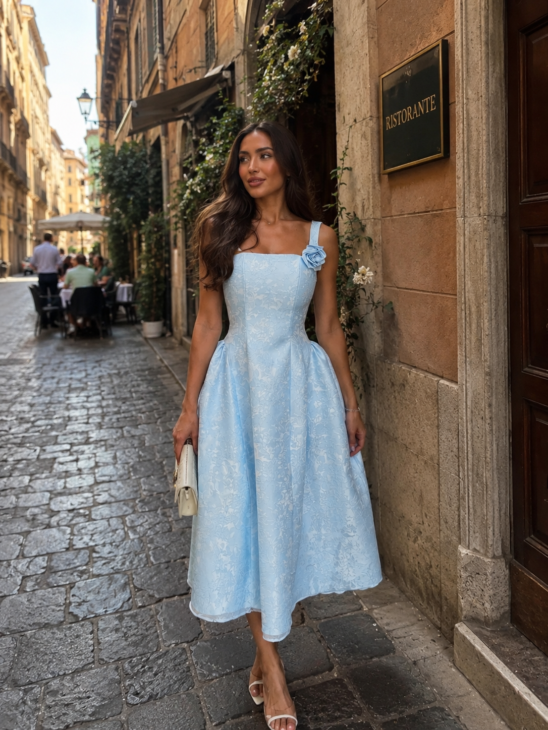 “Rose Reverie” fit-and-flare structured dress in blue
