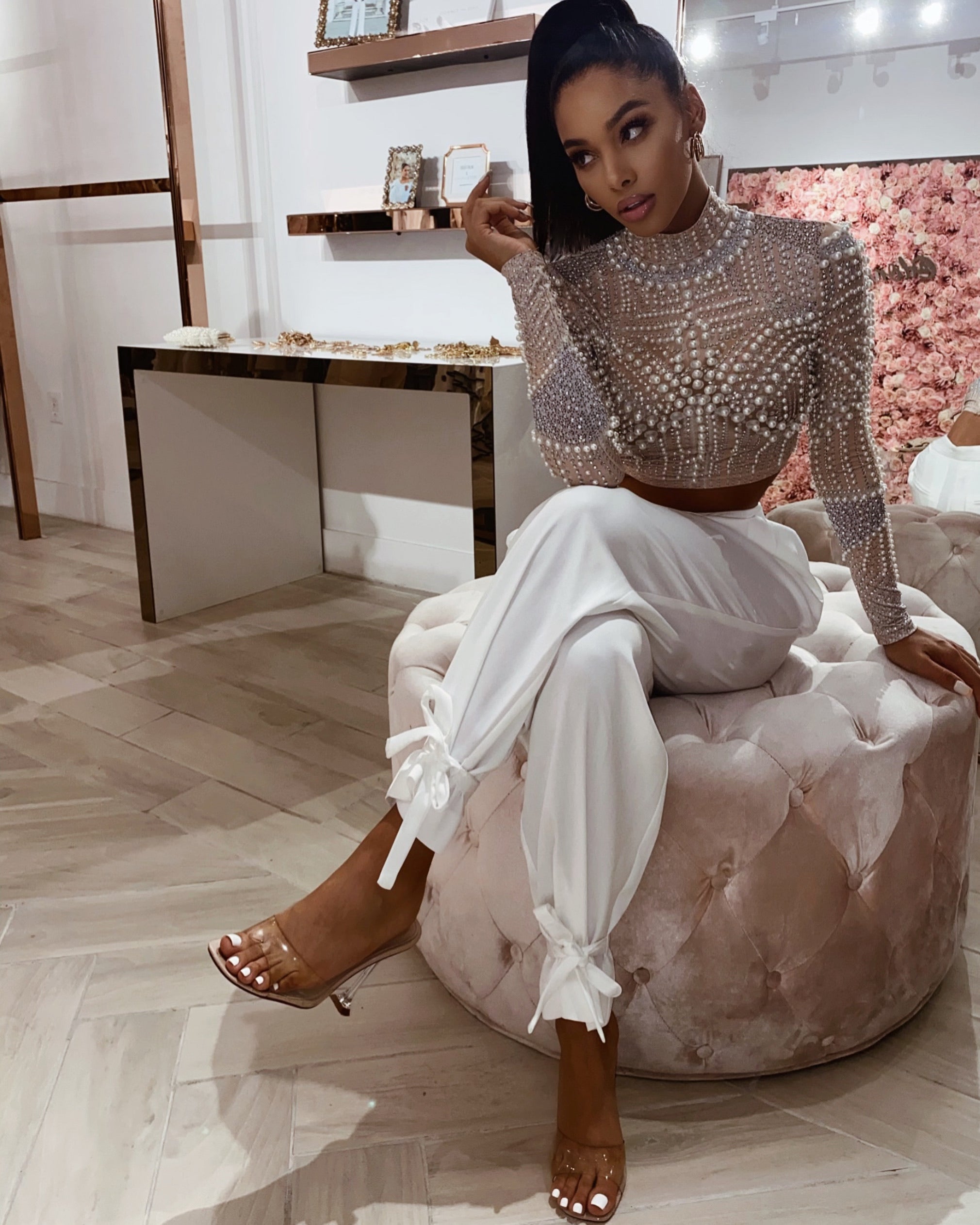 ‘CONFIDENCE’ Tied Bottom High Waisted Pants in White